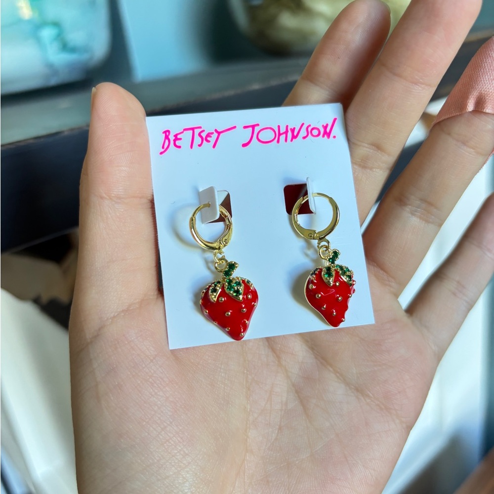 Betsey Johnson Red Strawberry Dangle Hoop Earrings - Picture 2 of 5
